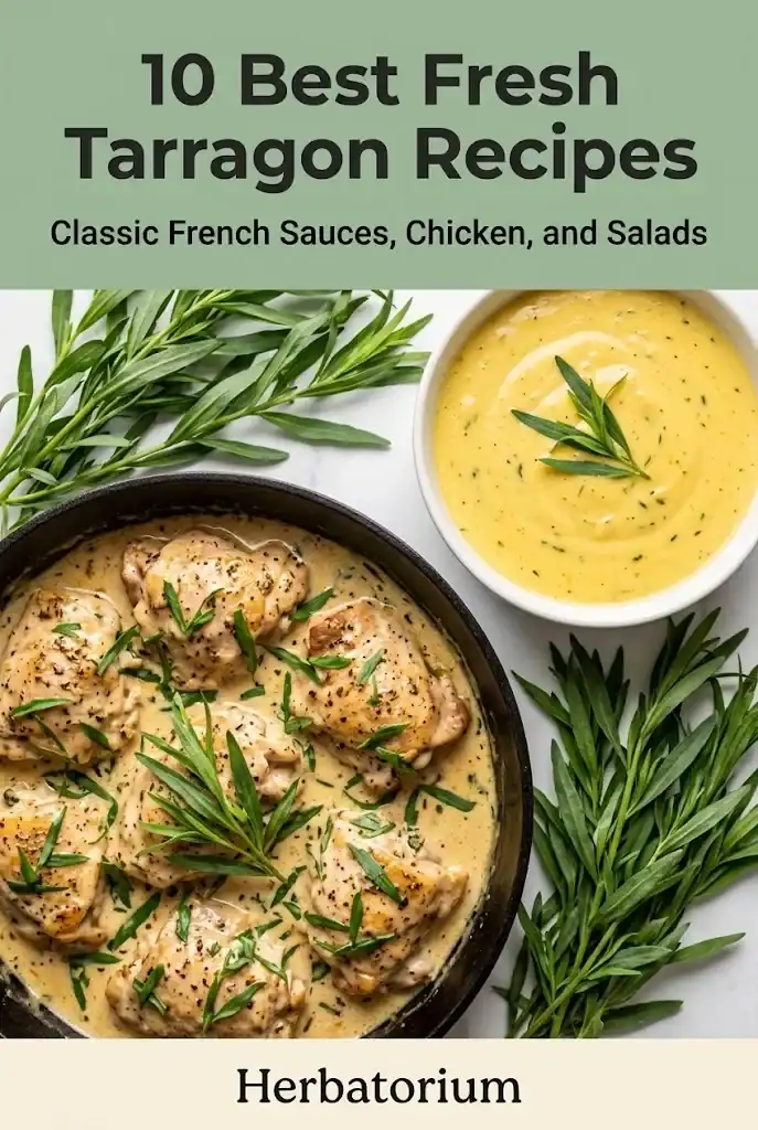 Pinterest guide graphic for 10 Best Fresh Tarragon Recipes with classic French chicken, sauces, and salads