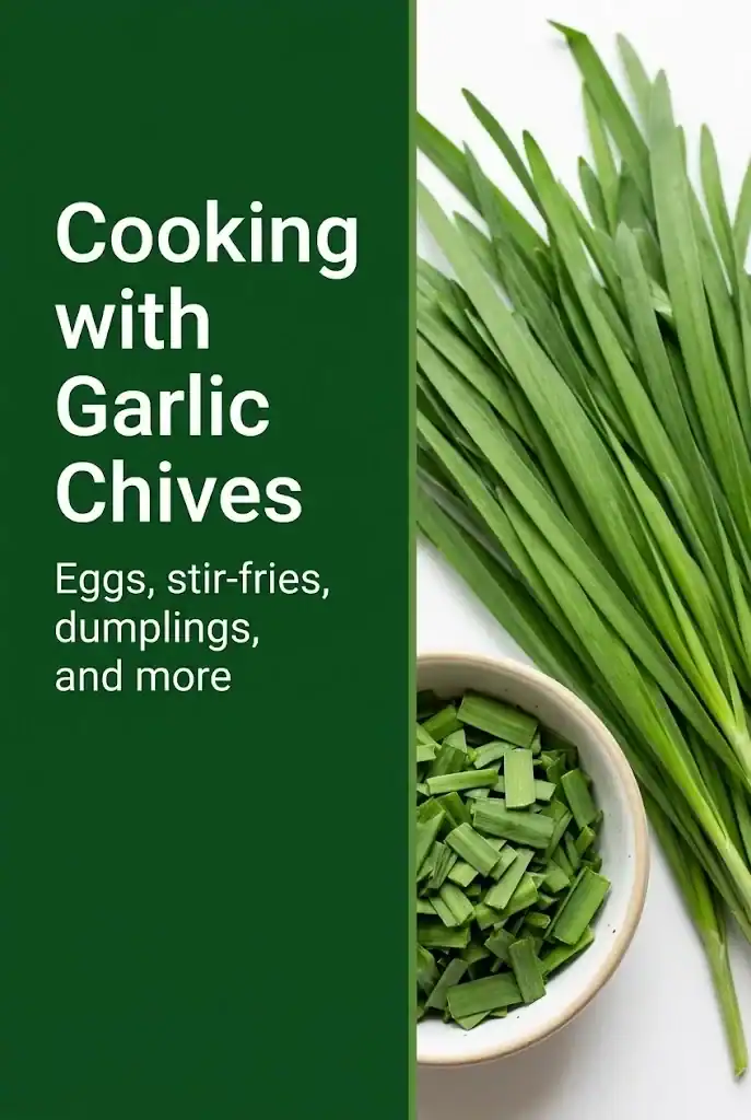 Pinterest graphic with a green colour-block band reading Cooking with Garlic Chives
