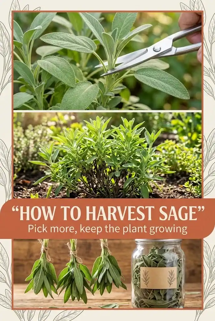 Pinterest graphic showing how to harvest culinary sage with cutting, plant care, and drying steps
