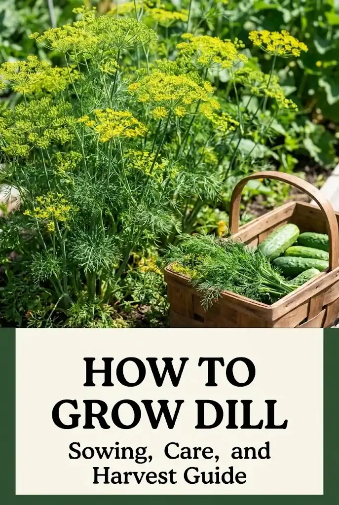 How to Grow Dill vertical Pinterest graphic with complete gardening tips