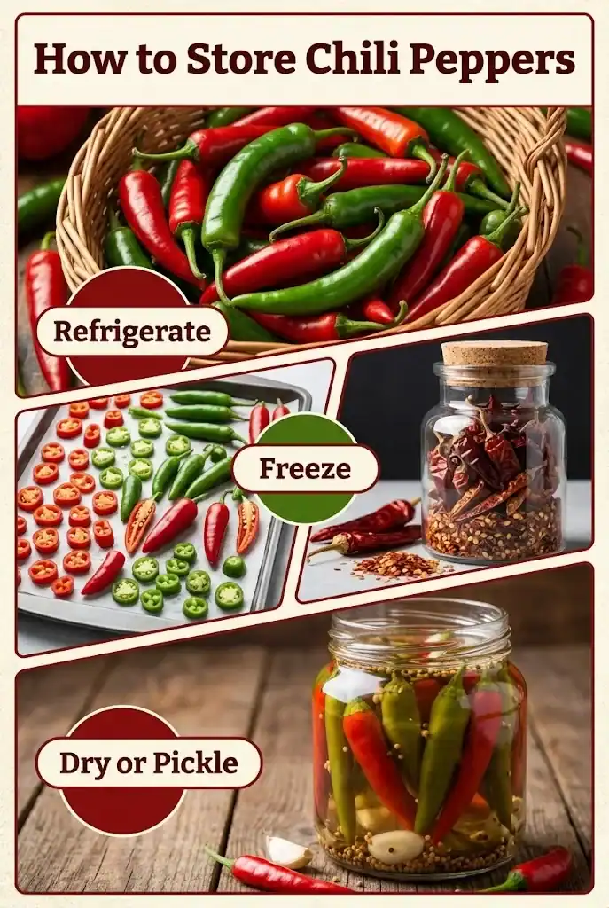 Pinterest graphic showing how to store chilies by refrigerating, freezing, drying, or pickling