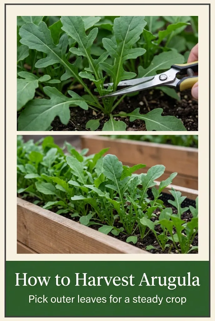 Pinterest graphic titled How to Harvest Arugula, pick outer leaves for a steady crop