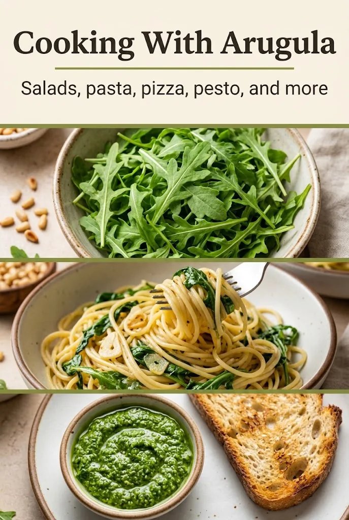 Pinterest graphic titled Cooking With Arugula showing a salad, pasta, and pesto with a soft cream background