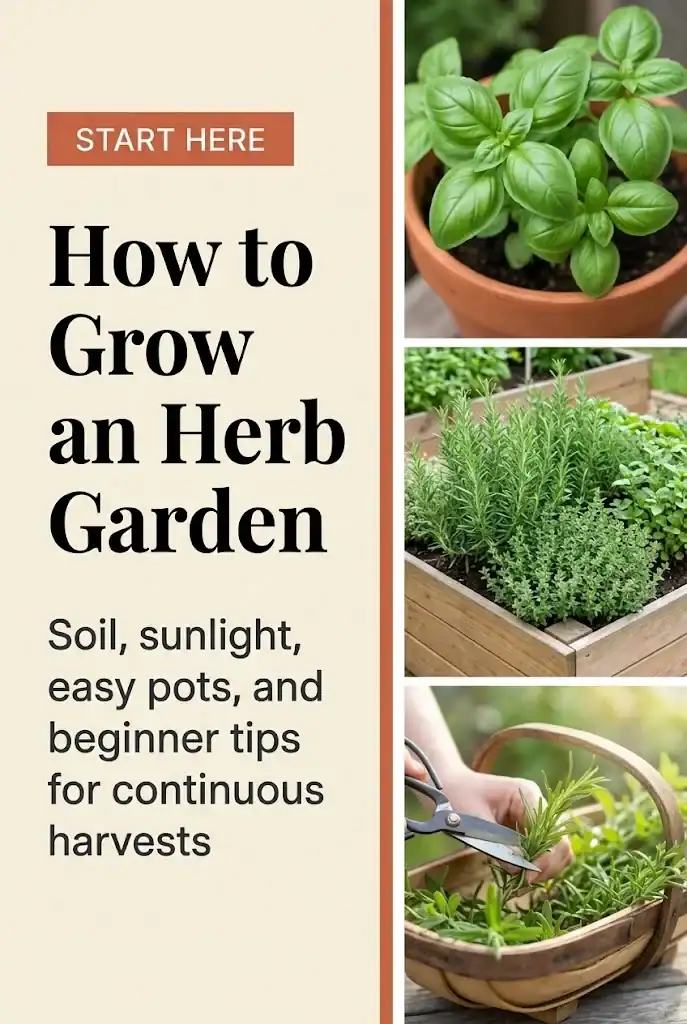 Pinterest graphic for how to grow an herb garden beginner guide