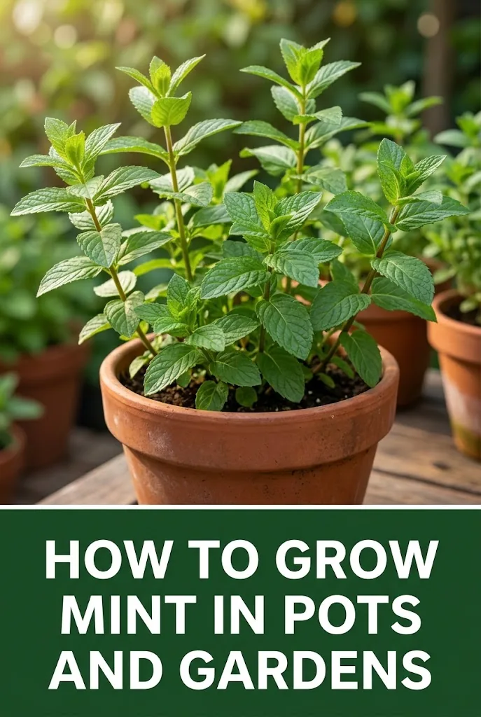 Pinterest graphic titled How to Grow Mint in Pots and Gardens
