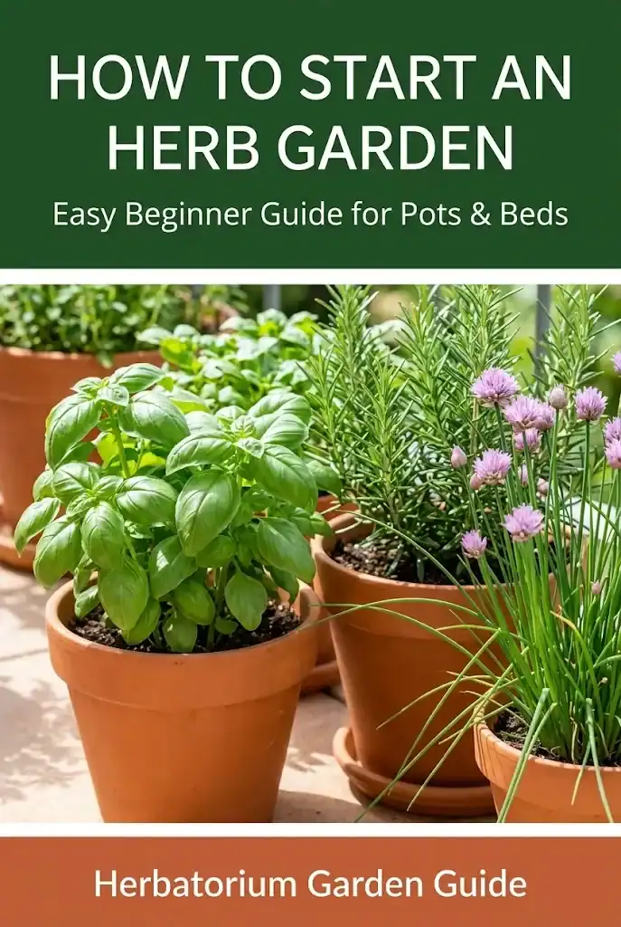 How to Start an Herb Garden Pinterest guide graphic with potted culinary herbs and structured header