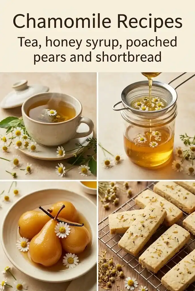 Pinterest graphic with four chamomile recipe panels, headed Chamomile Recipes, tea, honey syrup, poached pears and shortbread