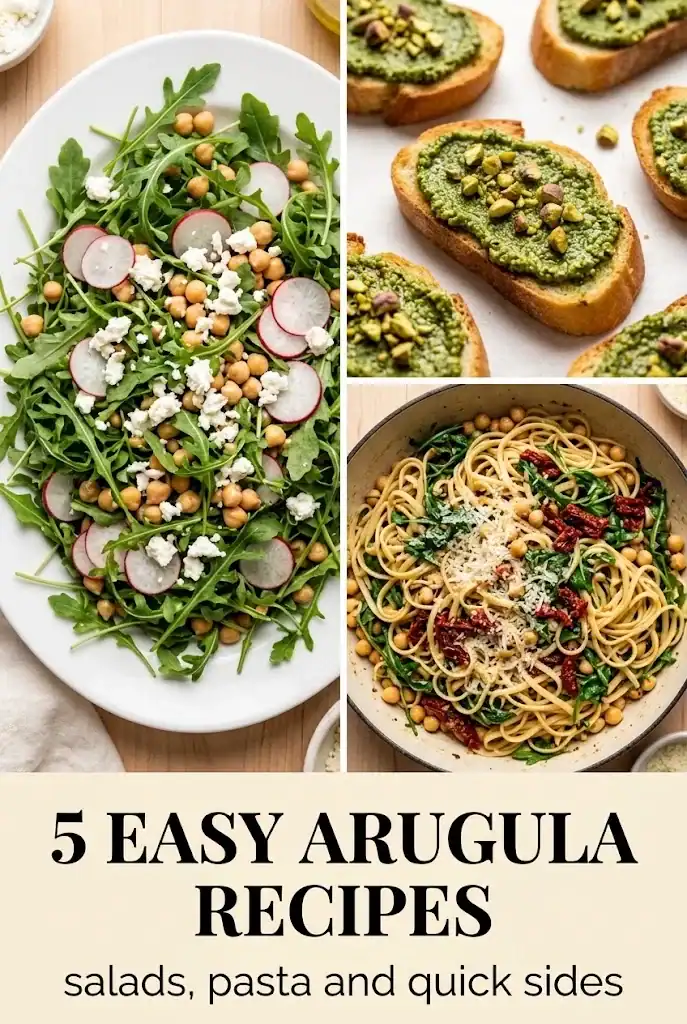 Pinterest graphic titled 5 Easy Arugula Recipes, showing a grid of the salad, pesto crostini, and pasta dishes with bold readable text