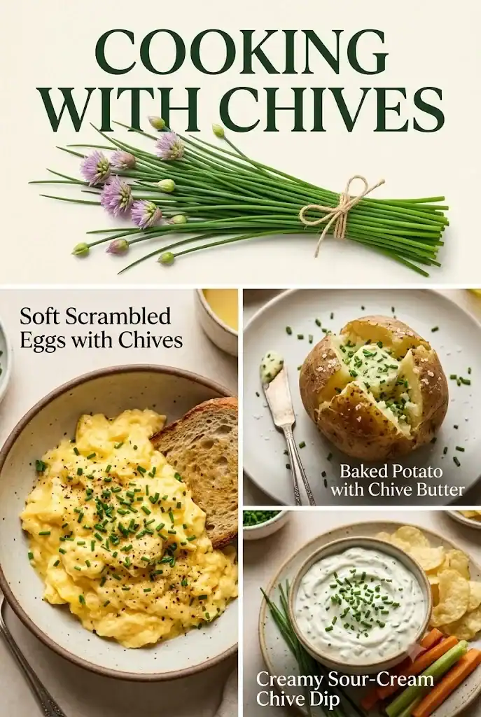 Pinterest graphic showing fresh chives and finished egg, potato, and dip dishes with the text Cooking With Chives
