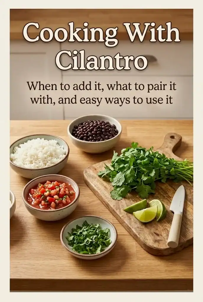 Pinterest graphic with fresh cilantro and the text Cooking With Cilantro