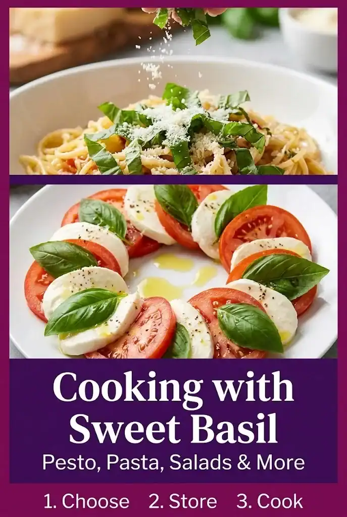 Vertical Pinterest graphic for the article Cooking with sweet basil, with a three-image collage above a solid color band carrying the title and a Choose, Store, Cook caption