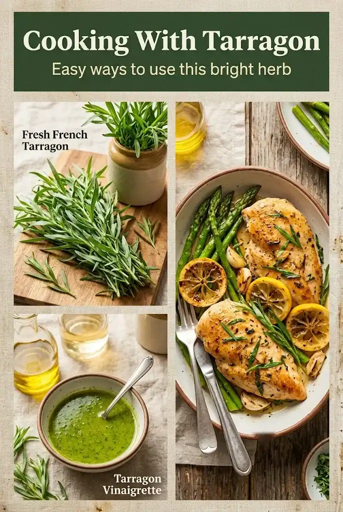 Pinterest graphic showing fresh tarragon and easy cooking ideas