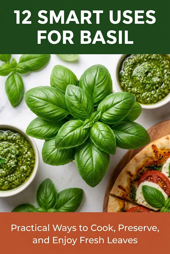 Pinterest graphic titled 12 Smart Uses for Basil with practical ways to cook and preserve fresh leaves