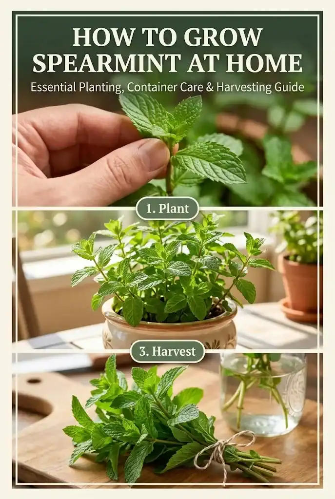 Pinterest graphic titled How to Grow Spearmint at Home with container planting and care tips