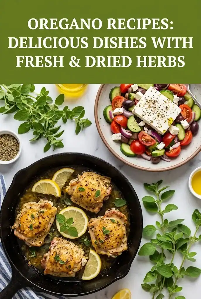 Pinterest graphic titled Oregano Recipes: Delicious Dishes with Fresh and Dried Herbs