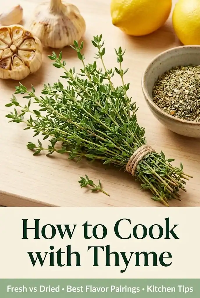 How to cook with thyme Pinterest guide covering fresh vs dried ratios, flavor pairings, and kitchen tips