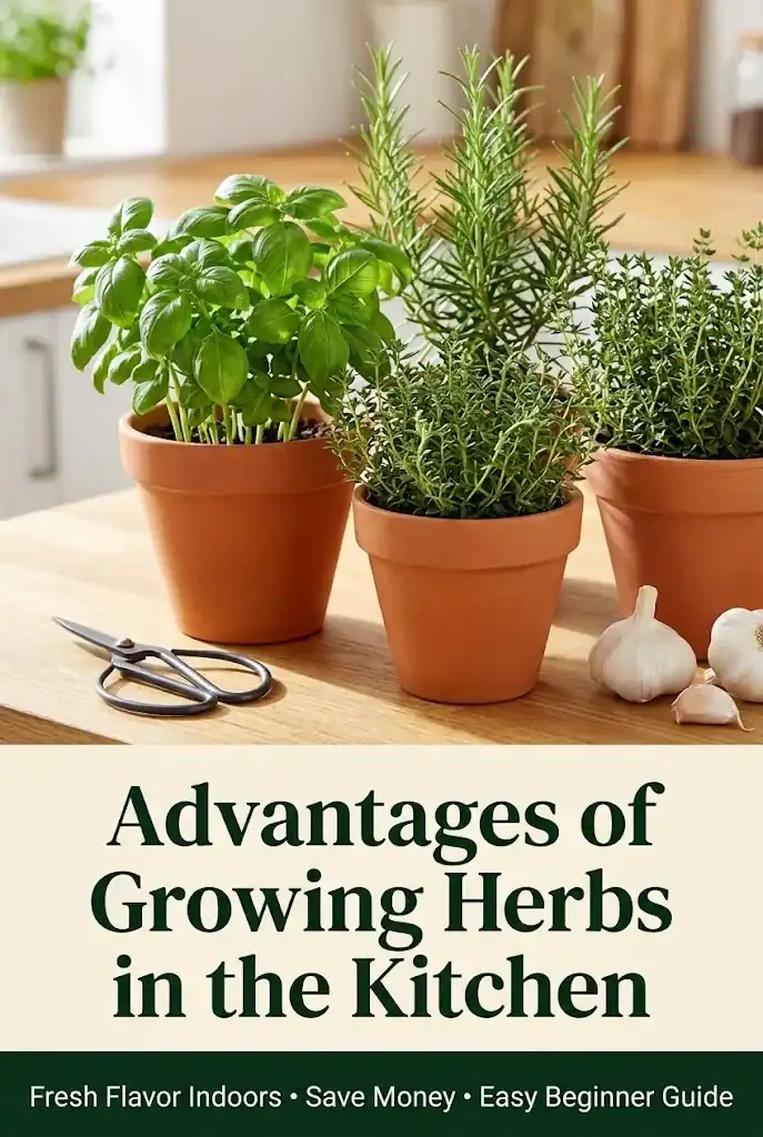 Vertical graphic titled Advantages of Growing Herbs in the Kitchen with potted herb gardening tips
