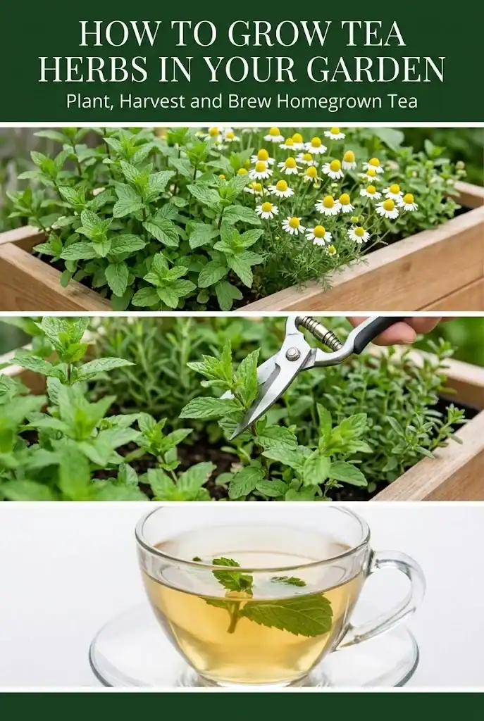Pinterest graphic with a tea garden photo, the article title
