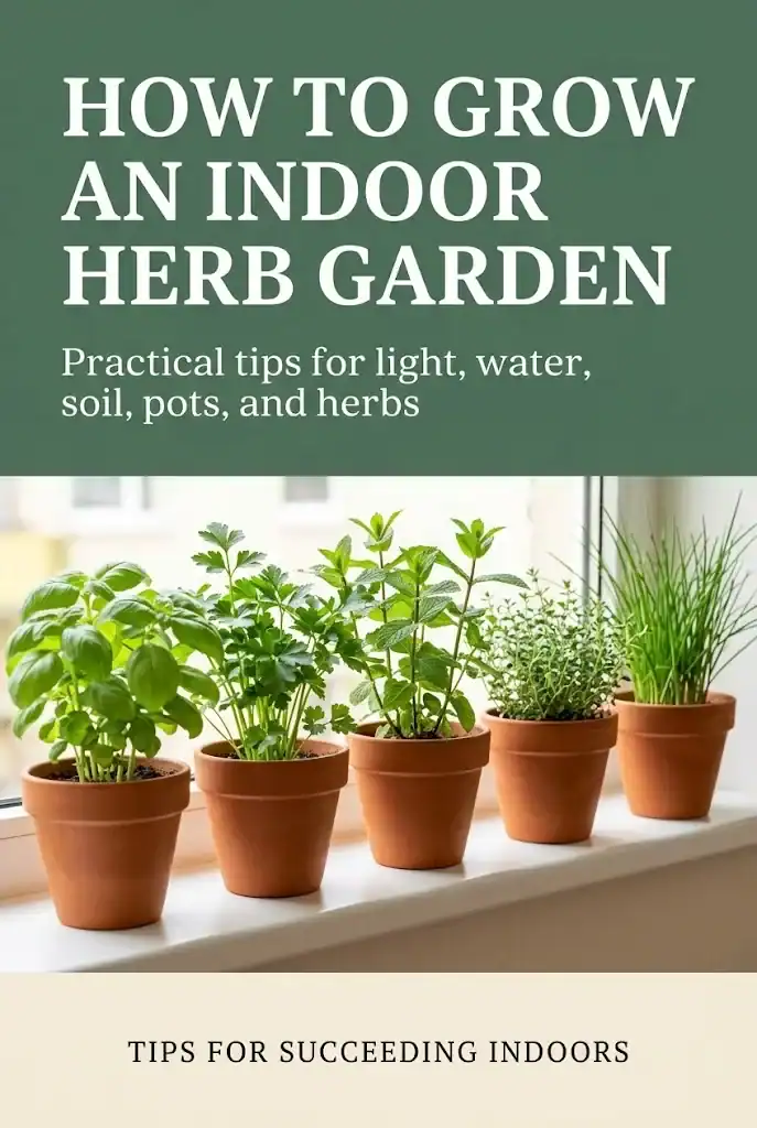 Pinterest graphic titled How to Grow an In Indoor Herb Garden showing herbs on a windowsill
