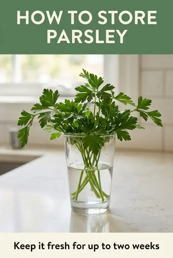 Pinterest graphic titled How to Store Parsley with the subtitle Keep it fresh for up to two weeks