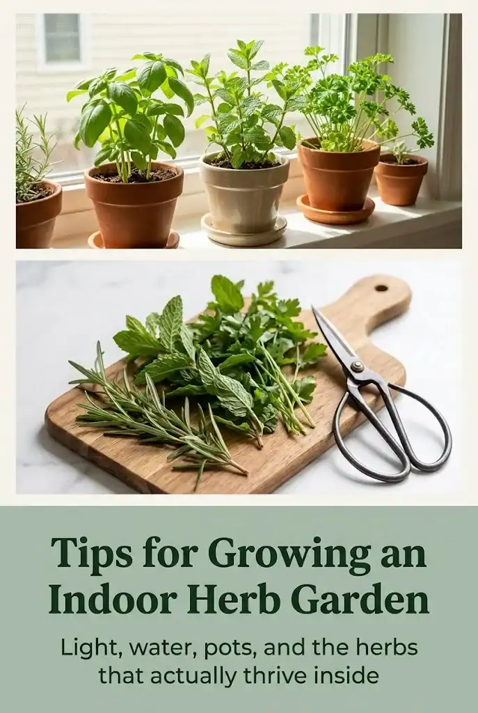 Pinterest graphic combining an indoor herb garden photo, a fresh-cut herbs photo, and the title Tips for Growing an Indoor Herb Garden
