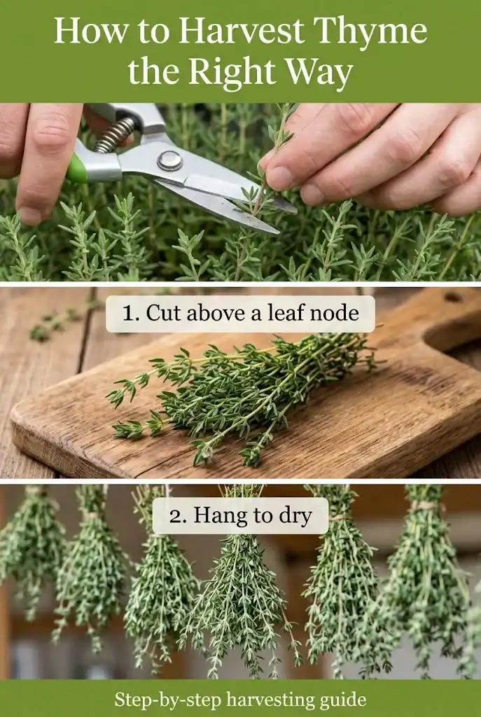 Pinterest graphic titled How to Harvest Thyme the Right Way with three numbered steps