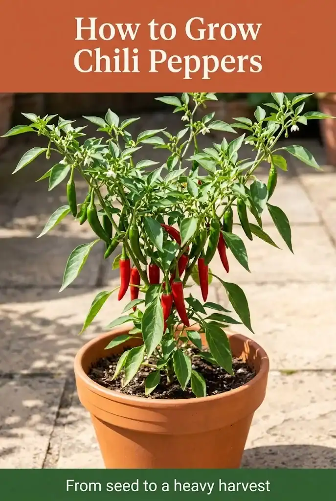 Pinterest graphic titled How to Grow Chili Peppers with a chili plant in a terracotta pot framed by terracotta and green bands