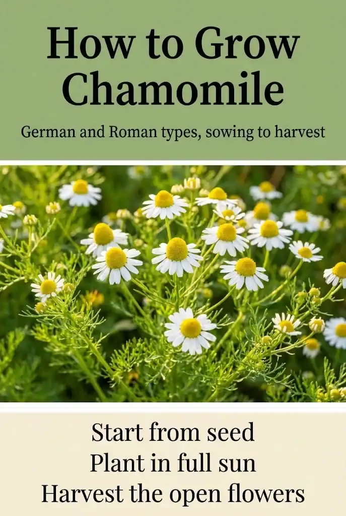 Pinterest graphic titled How to Grow Chamomile with three tips