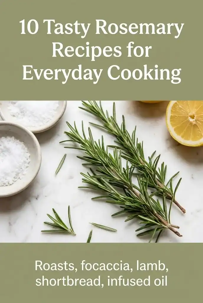 Pinterest graphic titled 10 Tasty Rosemary Recipes for Everyday Cooking with subtitle listing roasts, focaccia, lamb, shortbread, infused oil