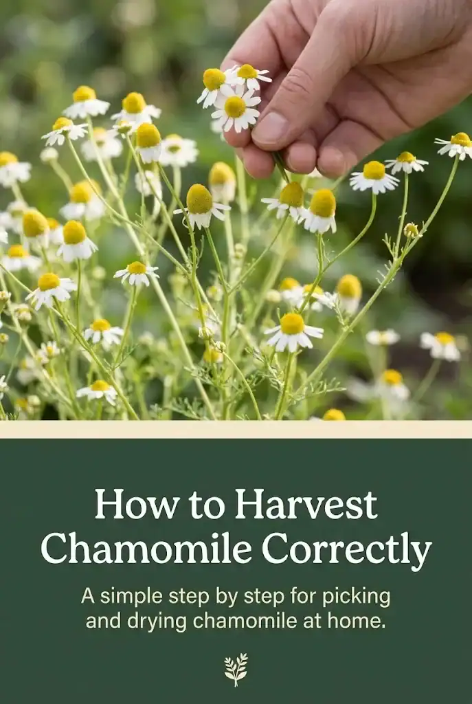 Pinterest graphic titled How to Harvest Chamomile Correctly, with a photograph of a chamomile harvest and a deep green title block