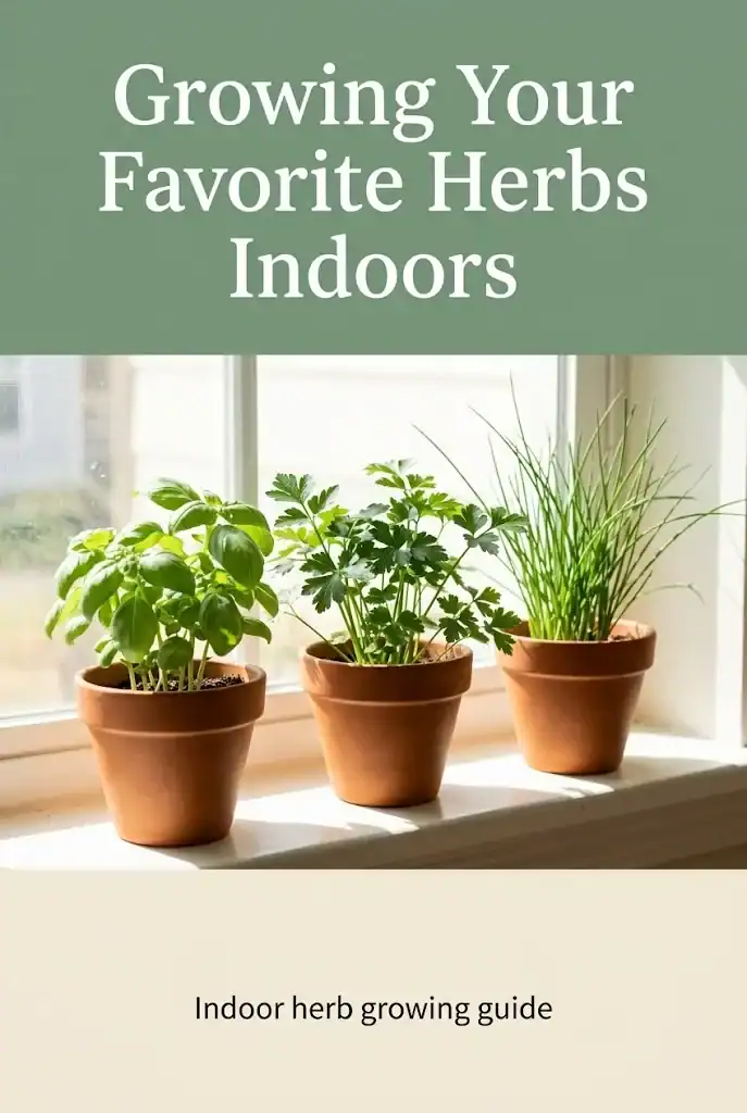 Pinterest graphic titled Growing Your Favorite Herbs Indoors with three small terracotta pots on a sunny windowsill