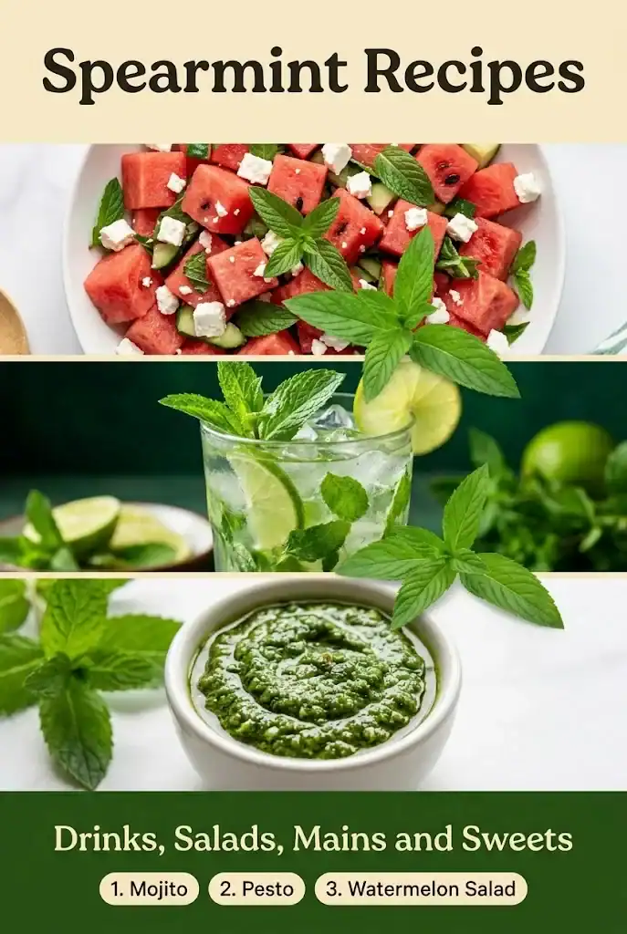 Vertical Pinterest graphic titled Spearmint Recipes with three photos of watermelon salad, mojito, and mint pesto plus a numbered chip sequence