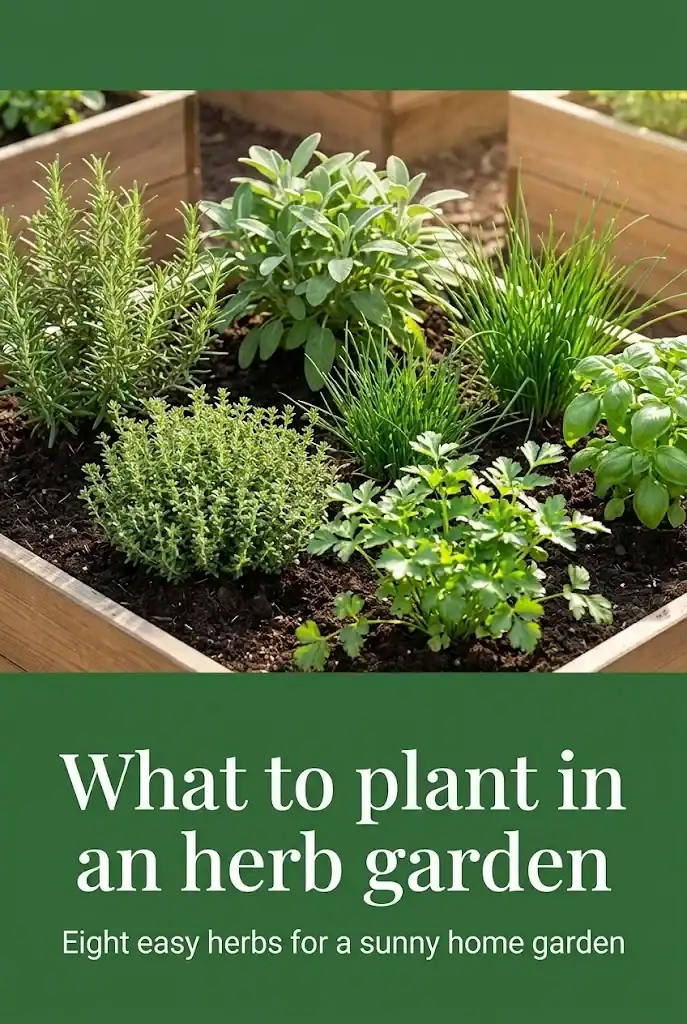 Vertical Pinterest graphic with the headline What to plant in an herb garden in a solid colour-block band above a photograph of a small home herb garden bed