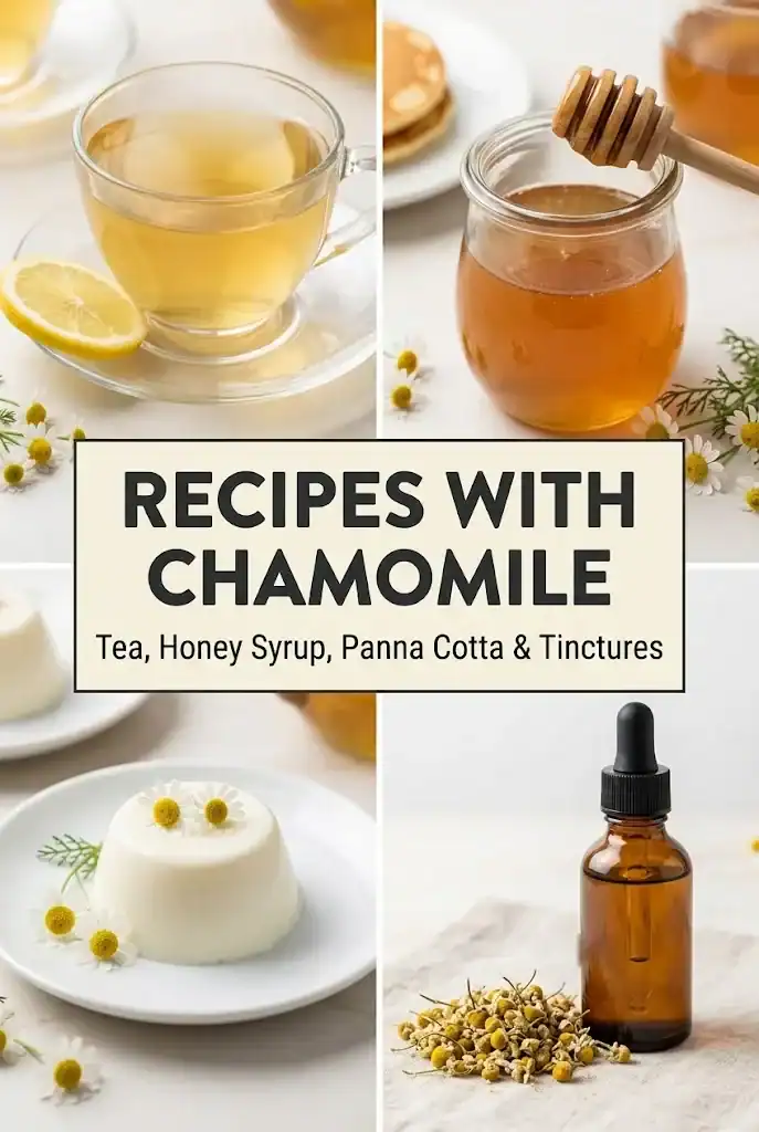 Pinterest graphic for Recipes with Chamomile showing tea, honey syrup, panna cotta, and tincture