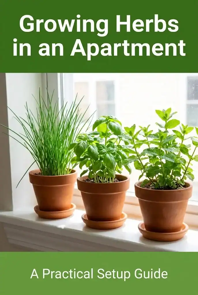 Pinterest graphic titled Growing Herbs in an Apartment with a small windowsill herb photo
