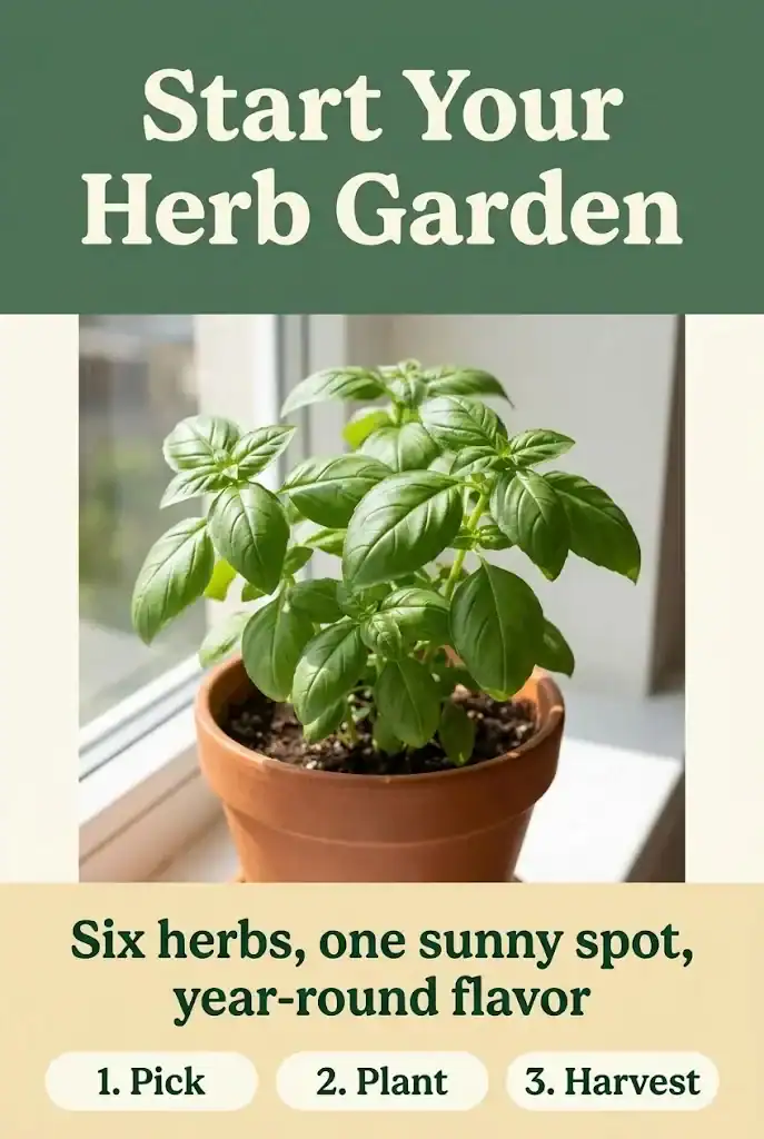 Vertical Pinterest pin titled Start Your Herb Garden, with sage green and cream color blocks and a photograph of a basil plant in a terracotta pot