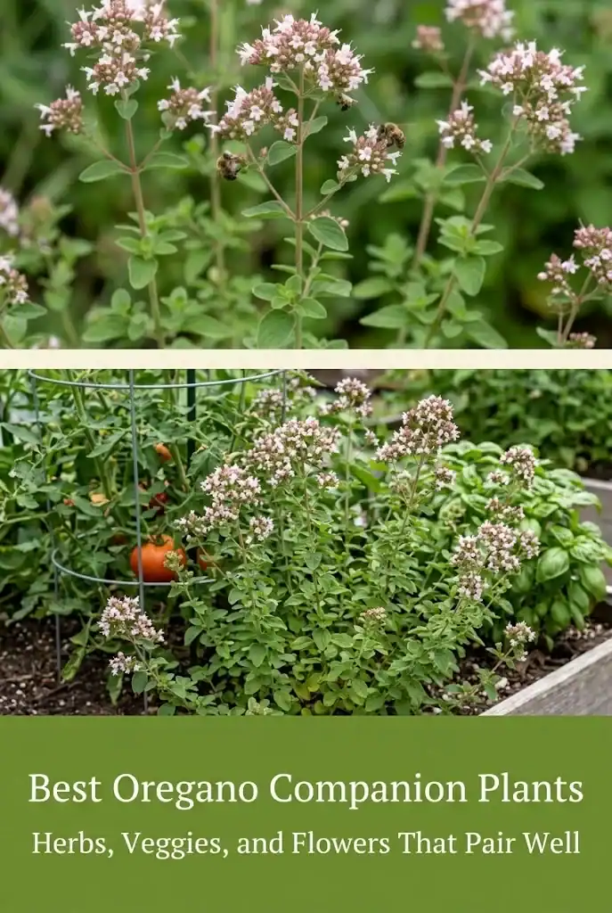Pinterest graphic titled Best Oregano Companion Plants with herbs, veggies, and flowers that pair well