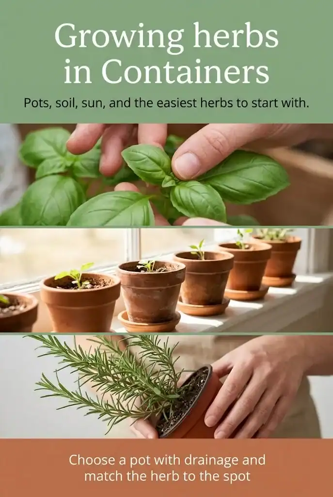 Vertical Pinterest graphic titled Growing herbs in Containers with three stacked photos of basil, windowsill planters, and a rosemary transplant