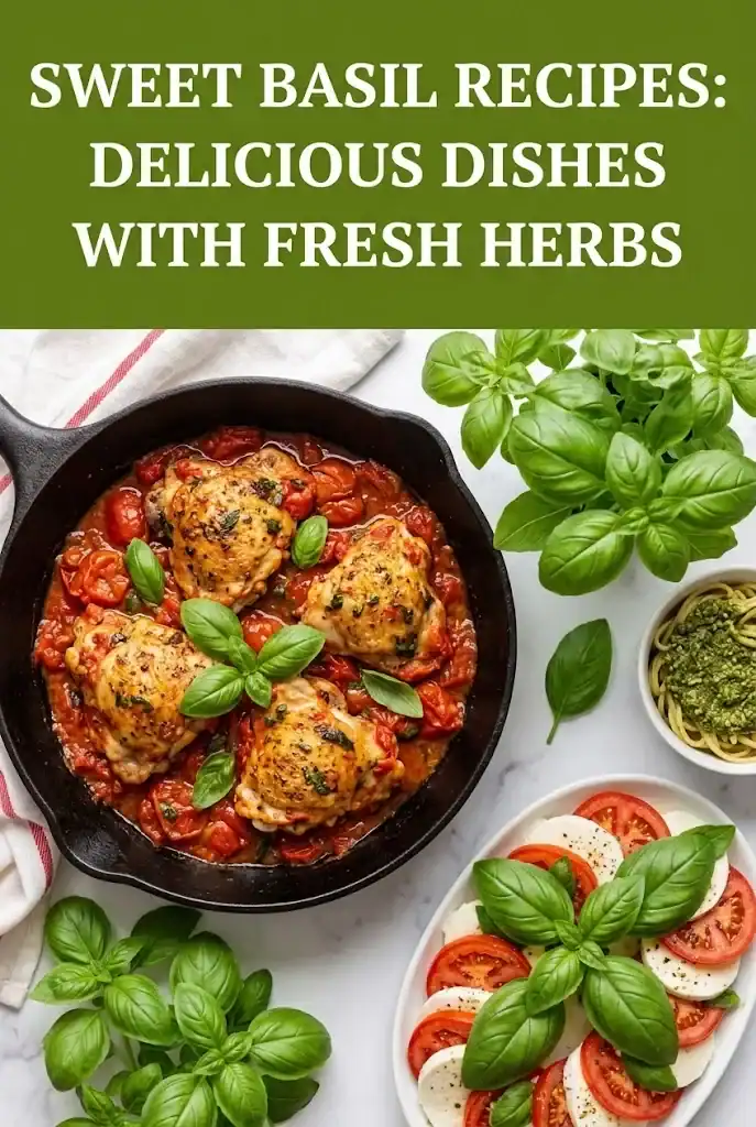 Pinterest graphic titled Sweet Basil Recipes: Delicious Dishes with Fresh Herbs