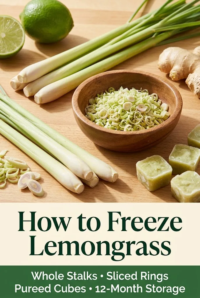 Pinterest graphic titled How to Freeze Lemongrass with storage tips and prep methods