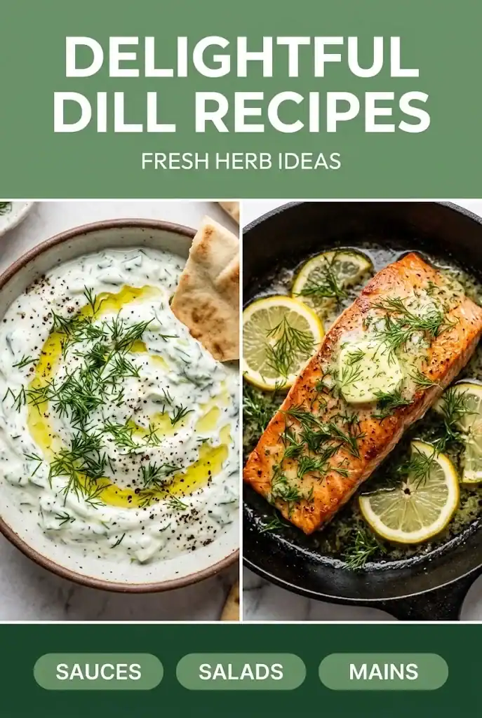 Pinterest graphic titled Delightful Dill Recipes featuring creamy tzatziki and pan-seared salmon with fresh dill ideas