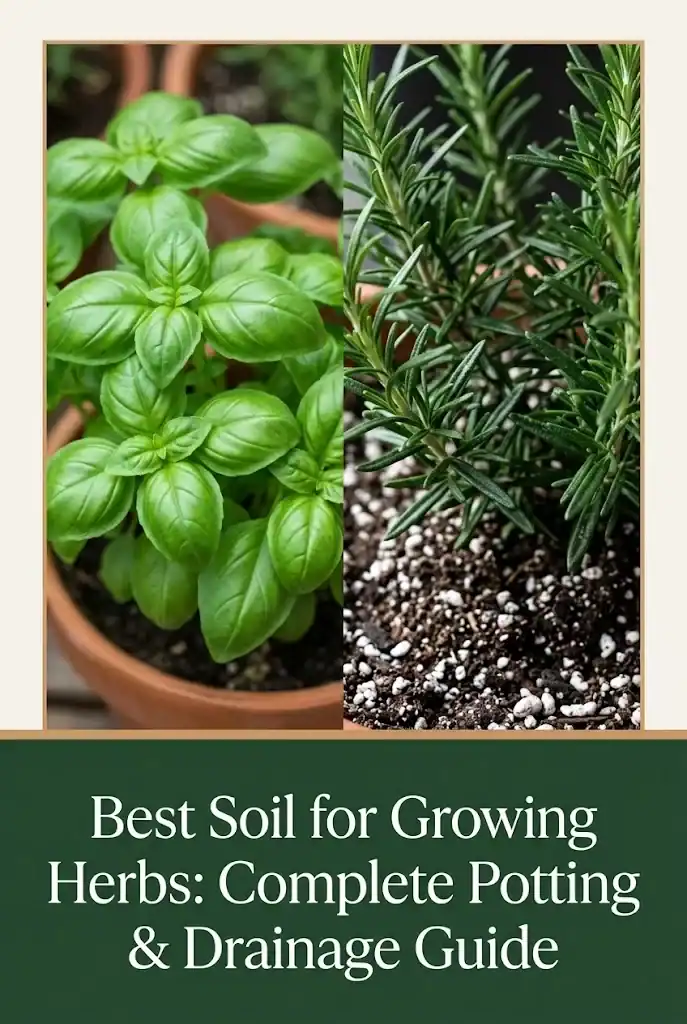 Vertical Pinterest graphic titled Best Soil for Growing Herbs showing potted basil, rosemary, and gritty potting mix