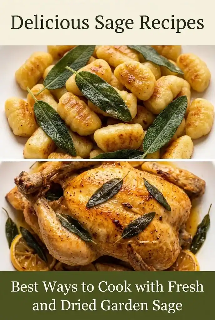 Pinterest graphic titled Delicious Sage Recipes: Best Ways to Cook with Fresh and Dried Garden Sage