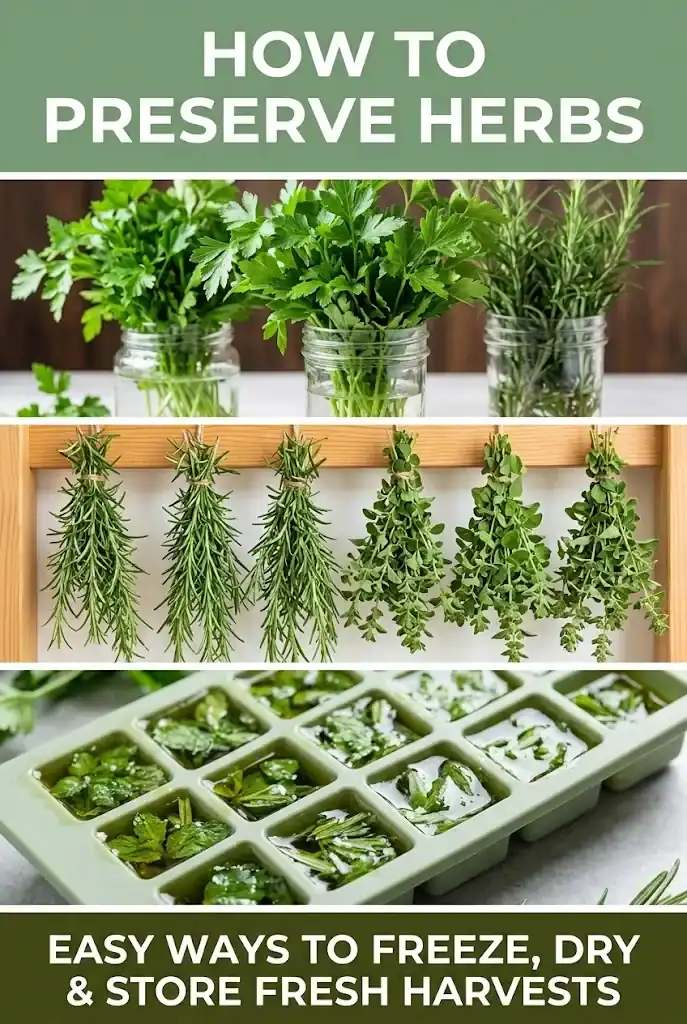 Pinterest guide for preserving herbs with header text and three panels showing jar bouquets, air drying, and freezing oil cubes