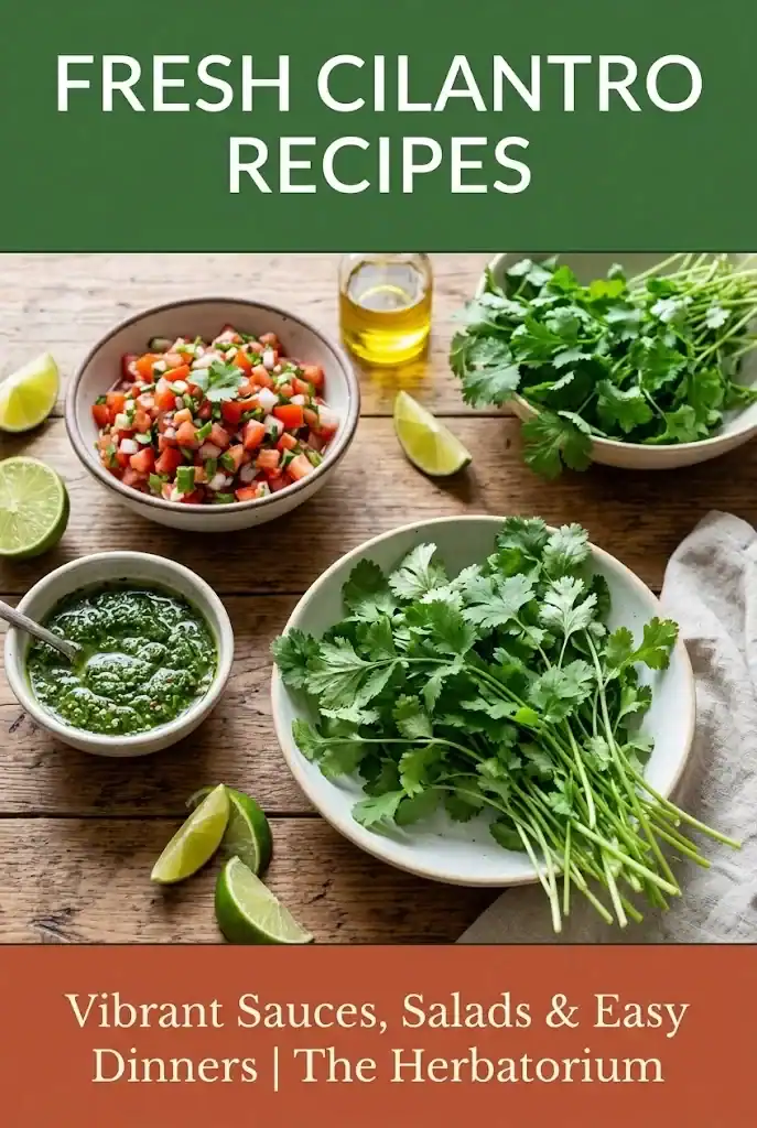 Pinterest pin graphic for fresh cilantro recipes with color-block header and footer bands and rustic tabletop spread