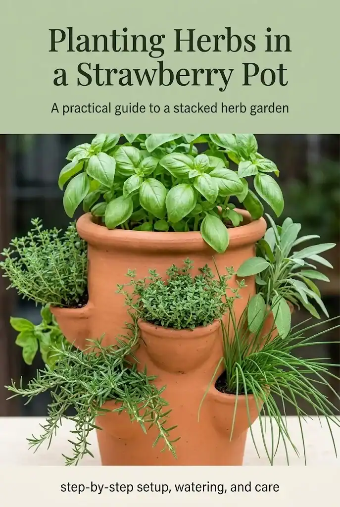 Pinterest graphic titled Planting Herbs in a Strawberry Pot with a photo of a fully planted pot