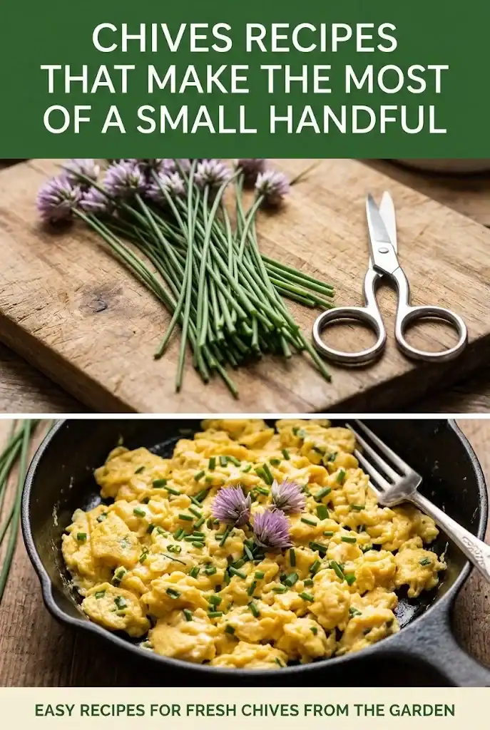 Pinterest graphic for chives recipes, with a deep-green header band carrying the title and a warm-cream footer band with the subtitle, above two stacked photographs of just-cut chives and scrambled eggs with chives