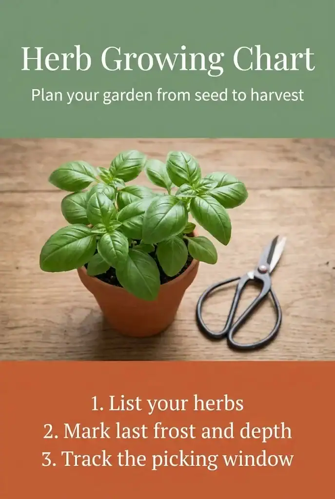 Pinterest graphic titled Herb Growing Chart with sage green and terracotta bands framing a notebook chart photo