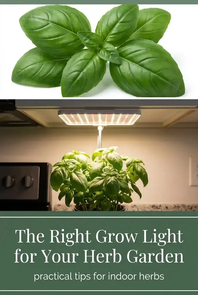 Vertical Pinterest graphic with three-image collage and a sage green bottom band reading The Right Grow Light for Your Herb Garden