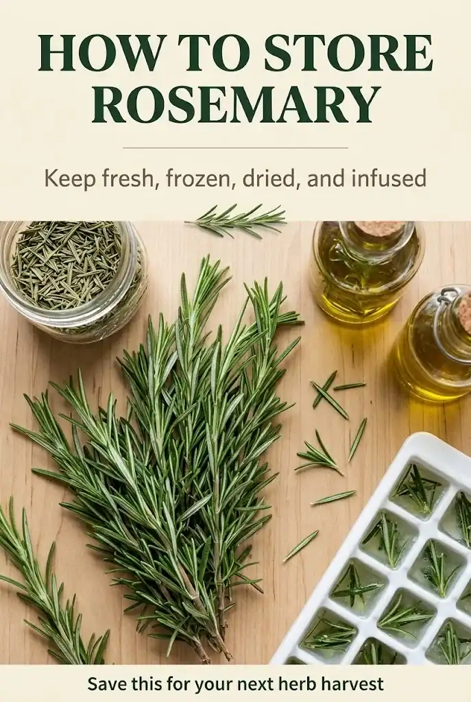 Pinterest graphic titled How to Store Rosemary with overhead flat-lay photo of rosemary, dried jar, infused oil bottle, and ice cube tray